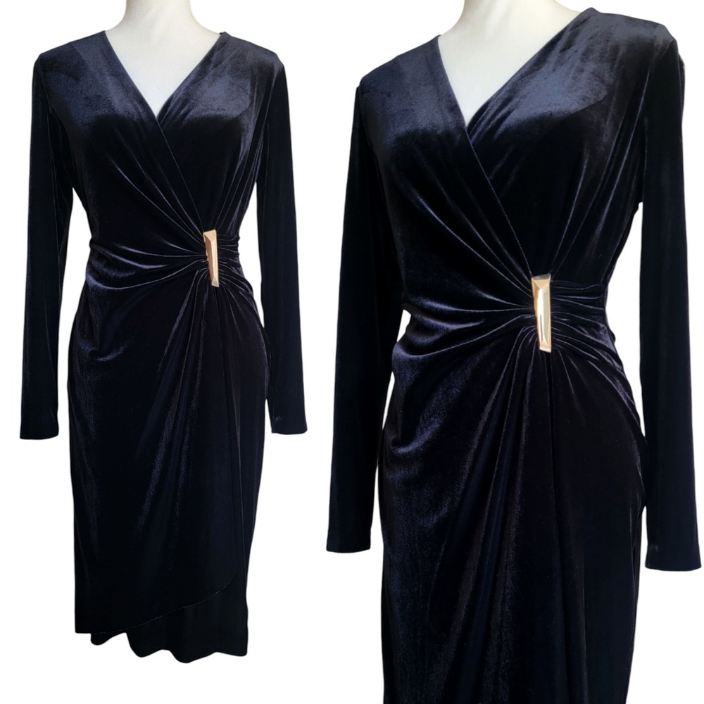 Calvin Klein Black Velvet V-Neck Gold Brooch‎ Faux Wrap Sheath Dress Small
